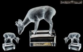 Lalique - France Signed Frosted Glass Figure of a Young Fawn / Deer, Raised on a Clear Base.