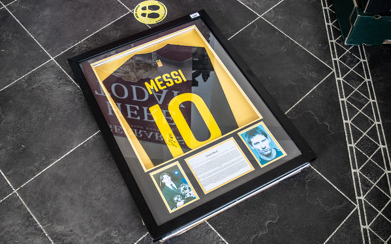 Football Interest Lionel Messi Signed number 10 Shirt, framed with montage.