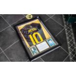 Football Interest Lionel Messi Signed number 10 Shirt, framed with montage.