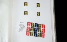 Green spring back Simplex stamp album - featuring a very detailed study of GB Machin stamps from