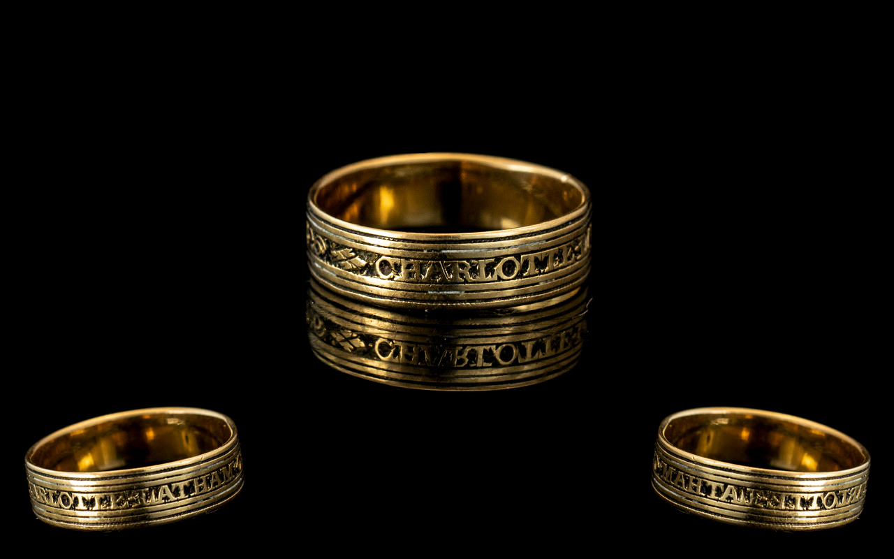 George III 18ct Gold Mourning Band Ring, Inscription to Exterior of Band, Reads Charlotte Latham.