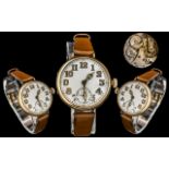 World War I Period Trench 9ct Gold - Large Size Ladies Wrist Watch with Later Leather Watch Strap.