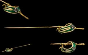 Antique Period 18ct Gold - Superb Enamel Set Stick Pin In The Form of A 18th Century Sword. The