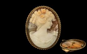 Mid 20th Century - Attractive and Large Shell Cameo Brooch, Set In 9ct Gold Oval Mount.