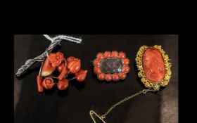 A Collection Of Antique Coral Jewellery To Include A Carved Cameo In A Unmarked Gold Frame 33 x 24