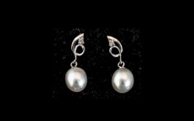 White Cultured Pearl Drop Earrings,