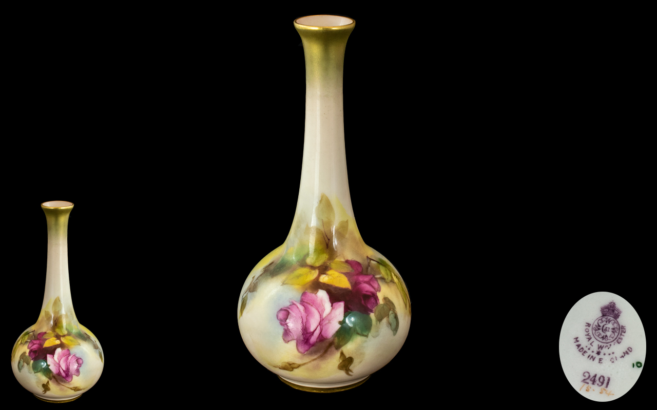 Small Royal Worcester ' Roses ' Bulbous Vase. Full Stamps to Base. Size Approx 5 Inches Tall.