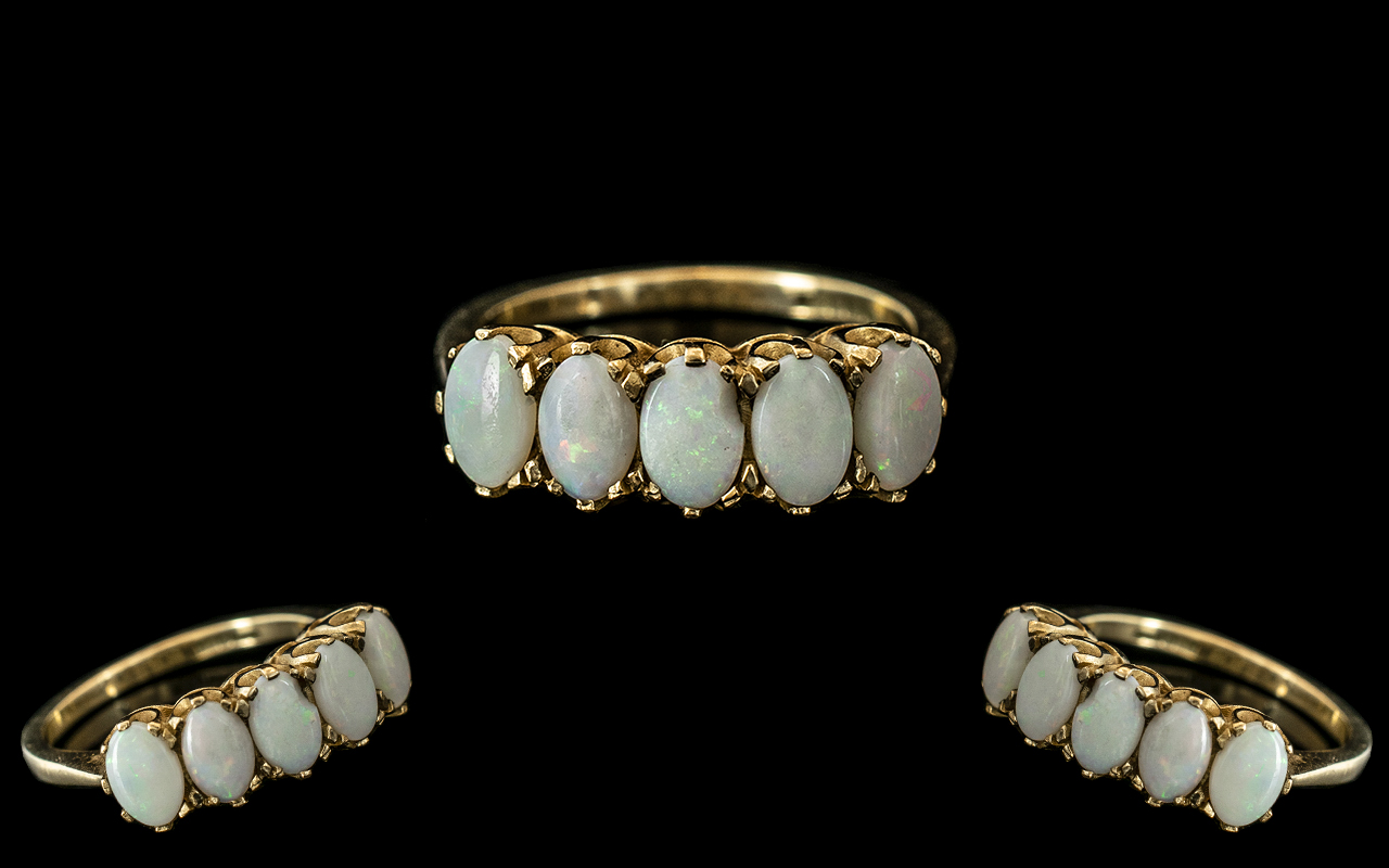 Ladies Attractive 9ct Gold 5 Opals Set Dress Ring Gallery Setting,