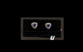 Tanzanite Trillion Cut Halo Stud Earrings, solitaire, trillion cut tanzanites, of good colour,