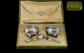 French - Antique Silver Pair of Salts Complete with Spoons.