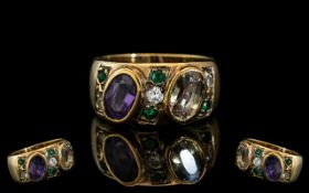 A Sapphire Peridot Diamond and Emerald Set Bombe Style Ring, Rub-over Settings.