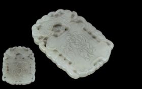 Mutton Jade Square Amulet Tablet, pierced decoration, depicting figure, 2.5 x 1.5".