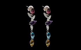 18ct White Gold Drop Earrings, Each Set With Diamonds And Four Marquise Shaped Coloured Stones,