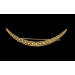 Antique Period - Ladies Fine Quality 9ct Gold Crescent Shaped Seed Pearl Set Brooch.