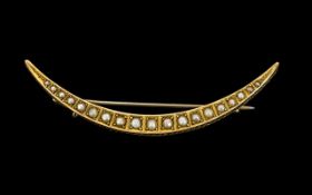 Antique Period - Ladies Fine Quality 9ct Gold Crescent Shaped Seed Pearl Set Brooch.