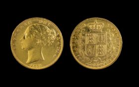 Queen Victoria Young Head - Shield Back 22ct Gold Full Sovereign, Date 1871. Sydney Mint.