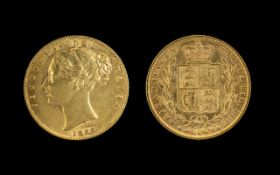 Queen Victoria Young Head - Shield Back 22ct Gold Full Sovereign, Date 1866, Die No 50.