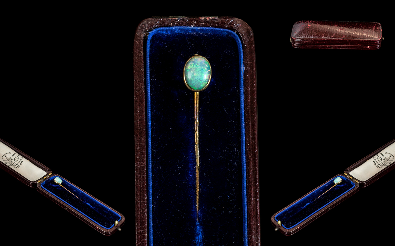 Antique Period Attractive 9ct Gold Opal Set Stick Pin with Original Display Box.