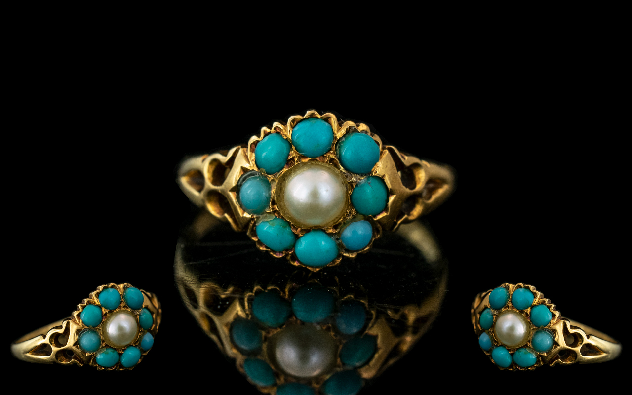 Antique Period - Exquisite / Petite 18ct Gold Turquoise and Pearl Set Dress Ring,