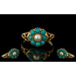 Antique Period - Exquisite / Petite 18ct Gold Turquoise and Pearl Set Dress Ring,