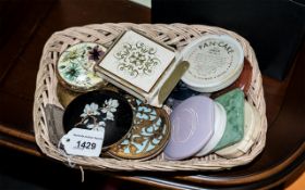 A Small Basket Containing a Collection of Powder Compacts mixed names to include, Stratton, Avon,