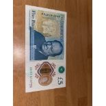 A Rare and Collectable Five Pound Bank Note with AK47 serial number.