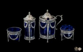 Dutch - Superb Silver Ornate ( 4 ) Piece Cruet Set, Complete with Blue Liners,