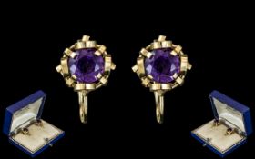 Ladies Pair of 18ct Gold Amethyst Set Earrings. The Faceted Amethysts of Excellent Deep Colour, 18ct