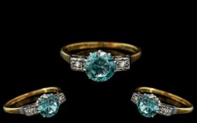 18ct Gold and Platinum Diamond and Zircon Set 3 Stone Ring. The Central Blue Zircon of Deep Sea