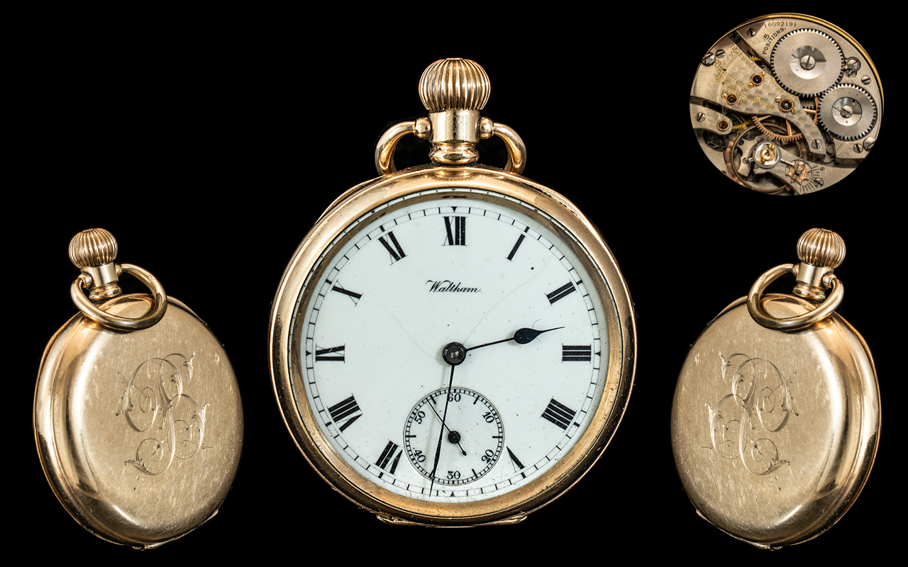 Waltham 19 Jewels Gold Filled Key-less Open Faced Pocket Watch.