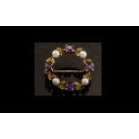 Antique Period 9ct Gold Amethyst and Pearl Set Circular Brooch. Fully Hallmarked for 9.375.