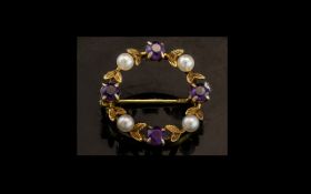 Antique Period 9ct Gold Amethyst and Pearl Set Circular Brooch. Fully Hallmarked for 9.375.