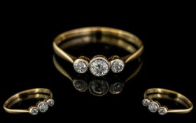 Antique 18ct Gold Three Stone Diamond Ring Milgrain Set, Hallmark Rubbed,