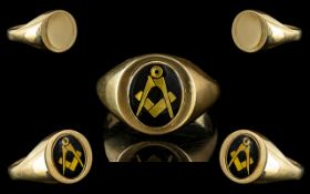 Gentleman's 9ct Yellow Gold - Masonic Dress Ring, Two Sided. Full Hallmark to Interior of Shank.