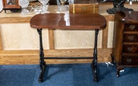 Cast Iron Pub Style Table with a wooden top. Height 30", width 35" x 18.5" deep.