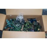 Box of Large Military Plastic Toys, comprising tanks, jeeps, aircraft, missile launchers (13" x 8"),