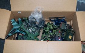 Box of Large Military Plastic Toys, comprising tanks, jeeps, aircraft, missile launchers (13" x 8"),