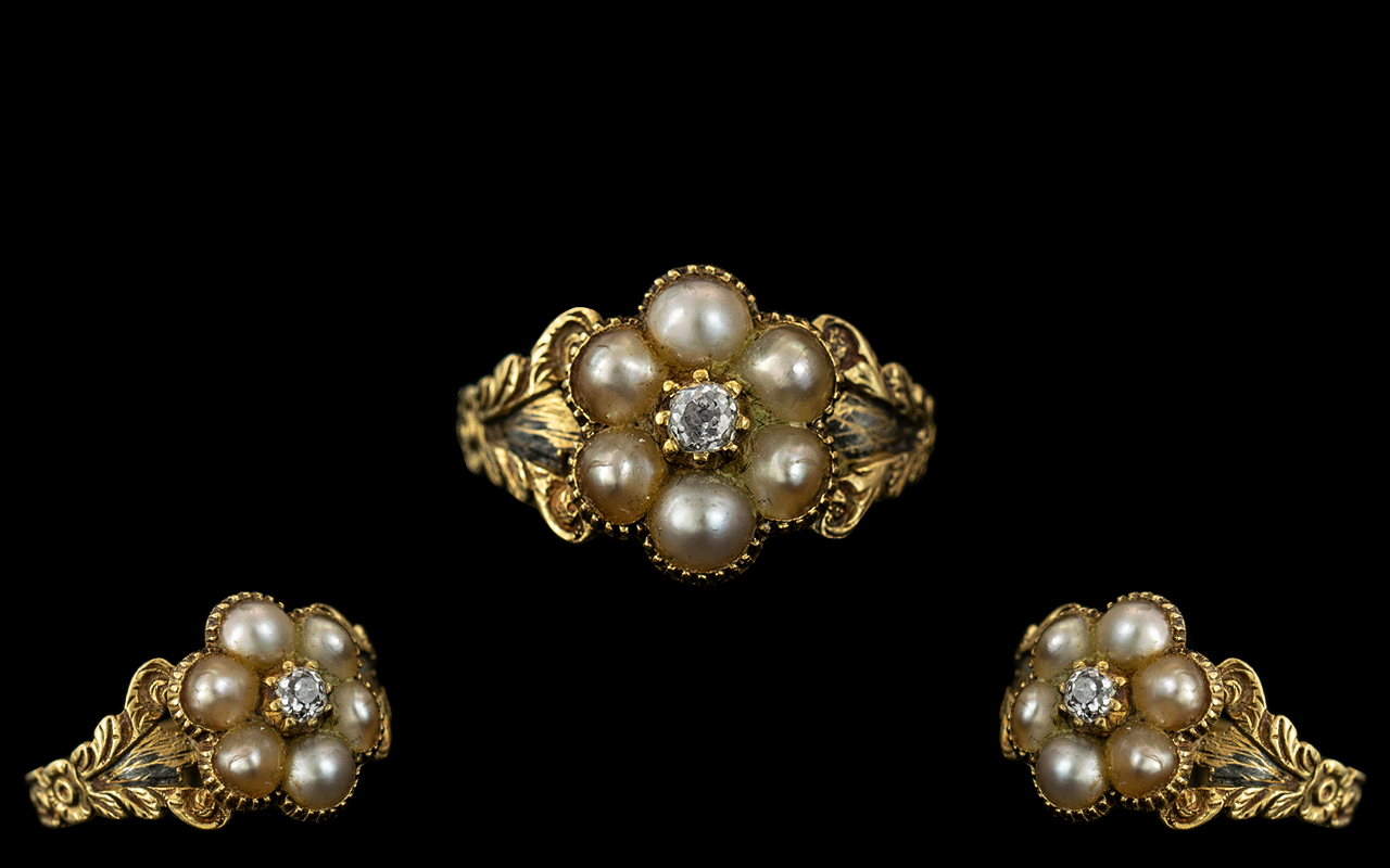 William IV Attractive 18ct Gold Pearl and Diamond Set Dress Ring.