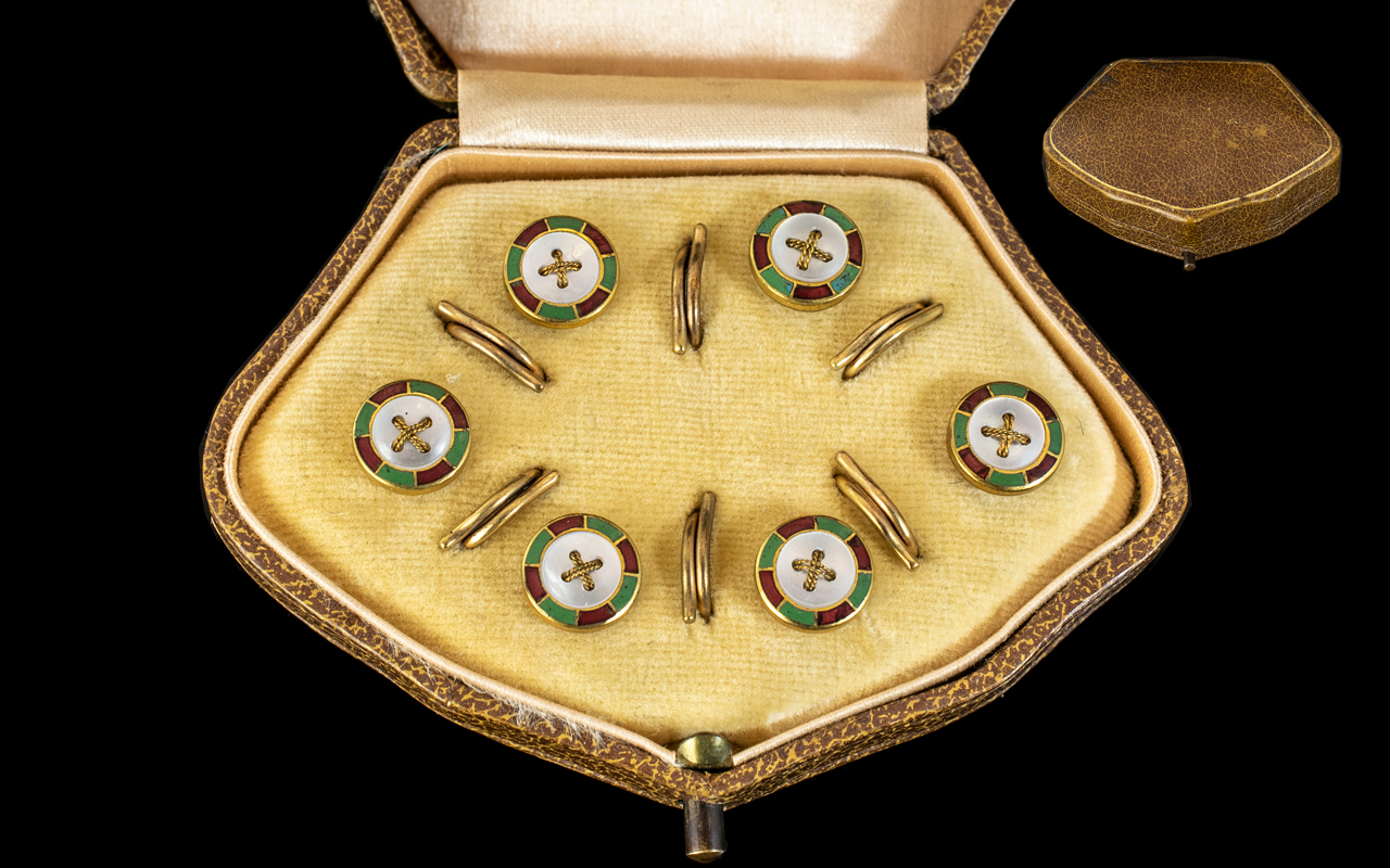 1930's Art Deco Period Excellent Quality 18ct Gold and Enamel Set Gentleman's Set of Studs.