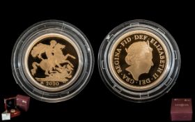 Royal Mint United Kingdom 22ct Gold Proof Struck Full Sovereign, Weight 7.98 grams. Date 2020.