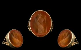 Antique Period - Pleasing 9ct Gold Seal - Intaglio Oval Shaped Ring.