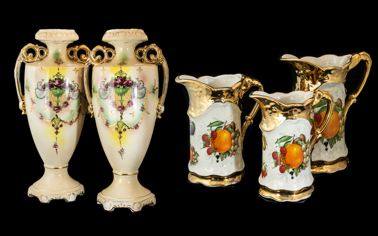 Pair of Large Victorian Urns, 19" tall, twin handles, cream ground with gilt,