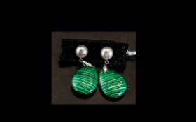 Malachite and Fresh Water White Pearl Drop Earrings,