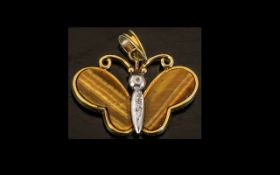 14ct Gold Butterfly Brooch Set With Tiger Eye Wings And Diamond Chip Body,
