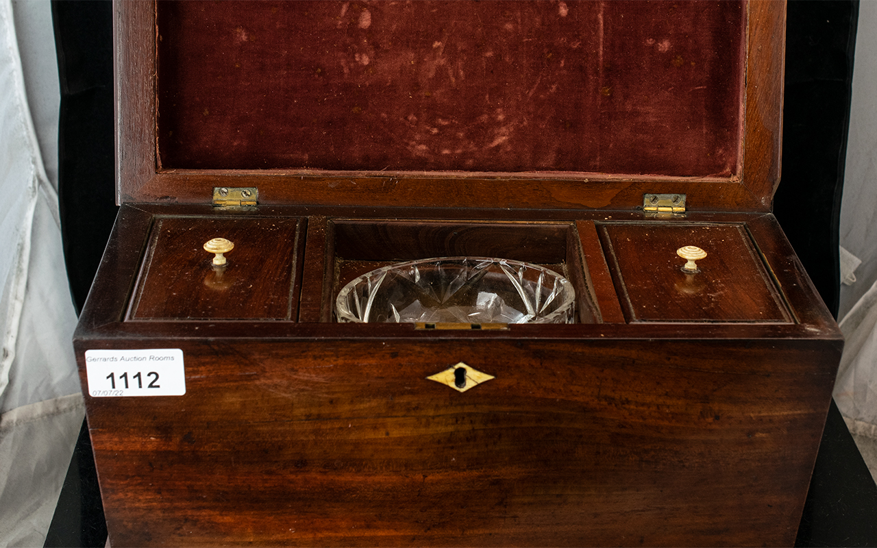 A Victorian Mahogany Tea Caddy fitted interior with two lidded compartments and later glass mixing - Image 2 of 2