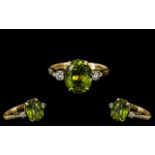 Ladies 18ct Gold - Attractive Peridot and Diamond Set Dress Ring of Excellent Design.