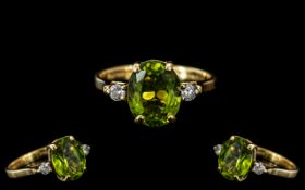 Ladies 18ct Gold - Attractive Peridot and Diamond Set Dress Ring of Excellent Design.