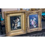 Two Oil Paintings, framed in rococo style gilt frames, one depicting a girl and dog,