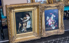 Two Oil Paintings, framed in rococo style gilt frames, one depicting a girl and dog,