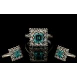 Ladies 9ct Gold Attractive Blue Zircon and Diamond Set Dress Ring Marked 9ct to Interior of Shank.